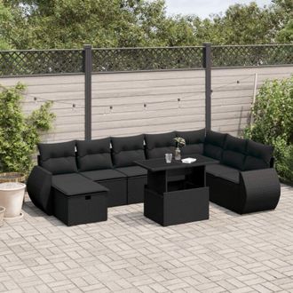 vidaXL Set De Sof&aacute;s De Jard&iacute;n 8 Piezas Y Cojines Rat&aacute;n Sint&eacute;tico Negro