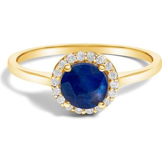 House of Brilliance 10K Gold Gemstone and 1/10 Cttw Diamond Halo Birthstone Ring in Yellow | Blue Sapphire at Nordstrom, Size 6.5