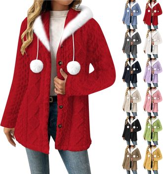 Generic Christmas Hoodies Coats Thermal Fleece Jacket Women Fashion Button Festival Plush Collar Hood Womens Cardigans Double Side Fleece Ladies Hoodies Solid
