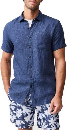 Rodd & Gunn Palm Beach Sports Fit Short Sleeve Linen Button-Up Shirt in Marine at Nordstrom, Size Xxx-Large