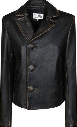 Maison Margiela Black Cropped Sportsjacket Distressed Leather Jacket