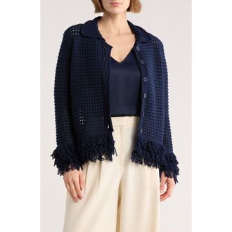 Adrianna Papell Fringe Trim Open Stitch Cardigan in Blue Moon at Nordstrom Rack, Size X-Large