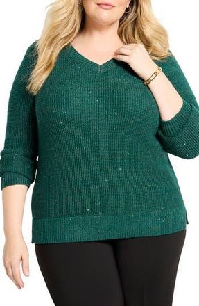 Nic+Zoe Shimmer V-Neck Waffle Stitch Sweater in Pine at Nordstrom Rack, Size 1 X