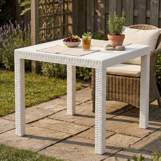 Dmora Mesa De Exterior Dguidon, Mesa Cuadrada Fija, Mesa De Jard&iacute;n Multiusos Efecto Rat&aacute;n, 100% Made In Italy, 80x80h74 Cm, Blanco - Dmora