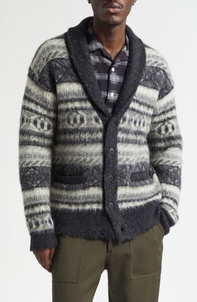 Beams Shaggy Fair Isle Shawl Collar Cardigan in Charcoal Gray at Nordstrom, Size X-Large