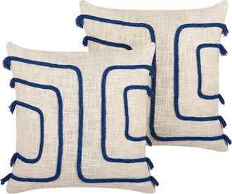 Beliani Conjunto De 2 Cojines De Algod&oacute;n Beige Claro Azul Marino 45 X 45 Cm Pleione