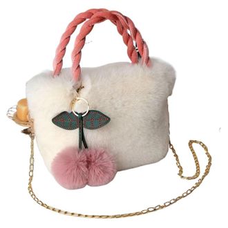 Generic Womens Plush Bags Women Handbags Winter Furry Ladies Soft Plush Clutch Purse Shoulder Bags Female Cherry Pendant Messenger Bag(WHITE)