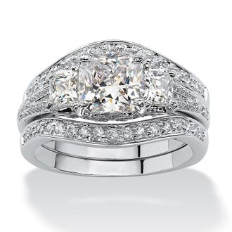 Palm Beach Jewelry 2.89 TCW Princess-Cut Cubic Zirconia Platinum-Plated Wedding Band Set