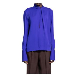 Tom Ford Blouses, female, Blue, Size: 2XS Washed Silk Georgette Long Sleeve Blouse