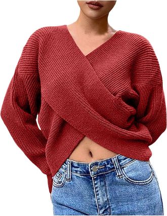 Generic Hoodies Jumpers for Women UK Womens Casual V Neck Long Sleeve Sweaters Womens Wrap Front Off Shoulder Hem Intertwined Knitted Crop Solid Red
