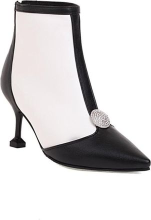 Generic Womens Patchwork Ankle Boots PU Leather Houndstooth Denim Pointed Toe Block Heels Comfortable Non Slip Durable for Daily Wear Street Fashion Party,Whi