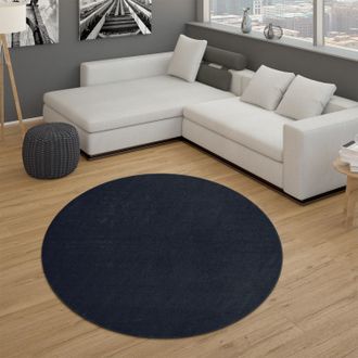 Paco Home Paco Home - Alfombra Sal&oacute;n Pelo Corto Dormitorio Moderno Motivo Monocolor Azul Oscuro &Oslash; 120 Cm Redon