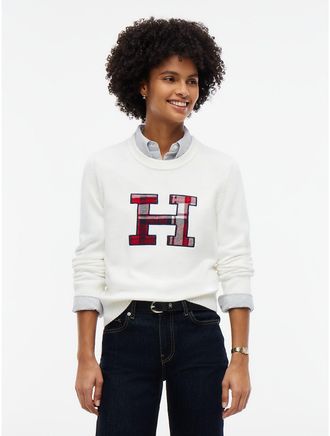 Tommy Hilfiger Womens Plaid Monogram Crewneck Sweater - Ecru - XXL
