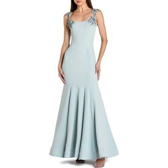Mac Duggal Beaded Crepe Sleeveless Scoop Neck Mermaid Gown in Powder Blue at Nordstrom, Size 14