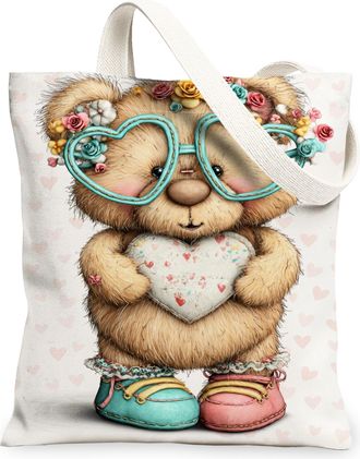 Generic Cute Bear Canvas Tote Bags, Floral Pattern Reusable Grocery Bags, Spring Vintage Chic Lightweight Washable Shoulder Strap F, White, 13x15 Inch