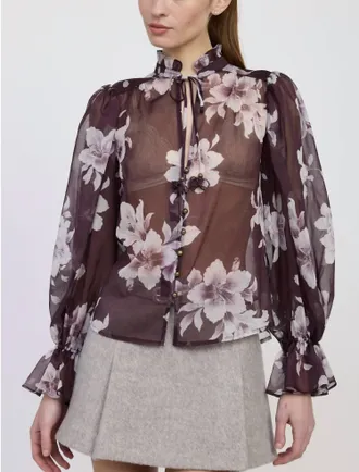 En Saison Sheer Floral Top In Merlot