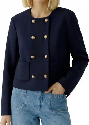 Oui Collarless Scuba Jacket In Dark Blue