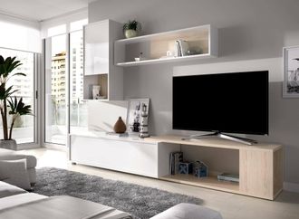 Dmora Dmora - Mueble Alto Denali, Conjunto Modular De Sal&oacute;n Rinc&oacute;n, Mueble Sal&oacute;n Multiposici&oacute;n, 230x41h180 Cm, Blanco Y Roble