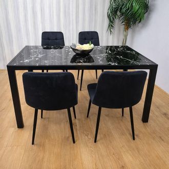 Kosy Koala Modern Black Marble Effect Dining Table Set With 4 Black Velvet Chairs Dining Room Furniture in Brown