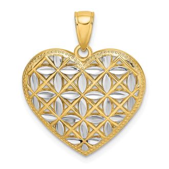 Diamond2Deal 14k Yellow Gold and White Rhodium Diamond-cut Leaves In Heart Charm Pendant