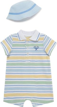 Little Me Stripe Cotton Polo Romper & Hat Set in Blue Multi Stripe at Nordstrom, Size 12M