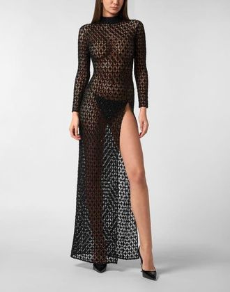 Philipp Plein Embroidered Long Dress Crystal Women in Black at Nordstrom, Size X-Small