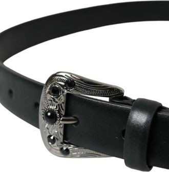 Dolce & Gabbana Womens Black Embellished Leather Engraved Buckle Belt Calf