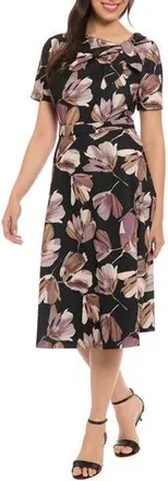 London Times Print Tie Neck Scuba Fit & Flare Dress in Black/Neutral at Nordstrom Rack, Size 18