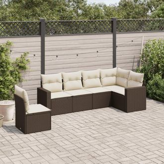 vidaXL Set Sof&aacute;s De Jard&iacute;n 6 Piezas Y Cojines Rat&aacute;n Sint&eacute;tico Marr&oacute;n Vidaxl