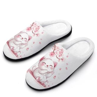 Generic Cute Cat With Cherryflowers Womens Slippers Warm House Slippers Indoor House Shoes with Anti-Skid Rubber Sole