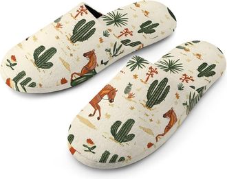 Generic Horse Cactus Pattern Flannel Mens Slip-on Slippers Winter Warm House Shoes with Rubber Sole for Home Hotel