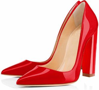 Generic Women Slip-On Chunky Pumps, Fashion Pointed Toe Dress Block Court Shoes, Comfort Closed Toe Leather Party Work High Heels Shoes,Red,2.5 UK