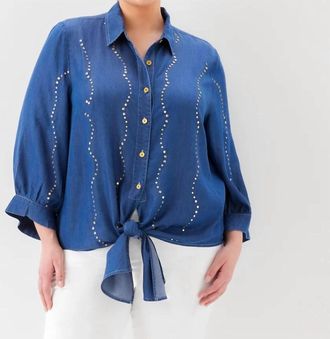 Karen Kane Blouson Sleeve Gemstone Denim Shirt - Plus In Chambray