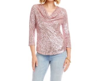 Karen Kane 3/4 Sleeve Drape Front Sequin Top In Pink