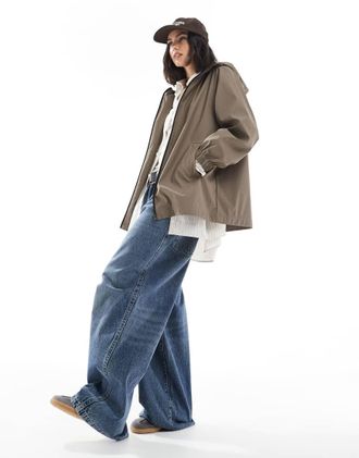 Asos mid length rubberized rain jacket in mushroom-Neutral