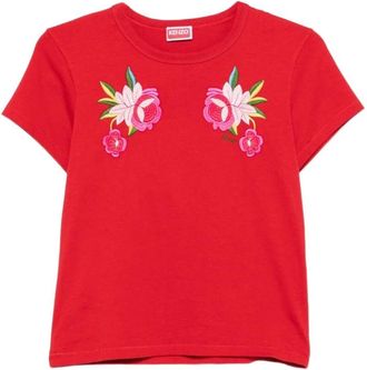 Kenzo Wildflower Geborduurd T-shirt - Dames - T-shirts - Rood - S - Katoen - Tops