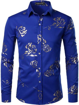 PARKLEES Mens Hipster Gold Rose Printed Slim Fit Long Sleeve Dress Shirts/Prom Performing Shirts PZ56 Blue L