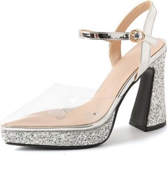 Generic Womens Ankle Strap Wedding Dress Shoes with Buckle Pointed Toe Slingback Bridal Sandals Block High Heel Platform Pumps,Silver,2.5 UK