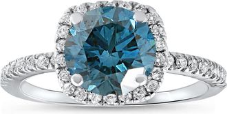 Pompeii3 1 3/4 ct Blue Diamond Cushion Halo Engagement Ring 14k White Gold Lab Grown