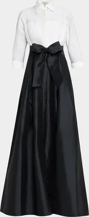 Teri Jon Two-Tone 3/4-Sleeve Taffeta Shirtdress Gown
