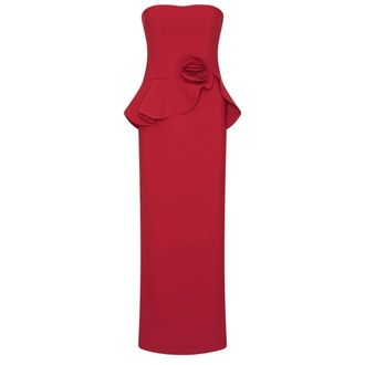 Rotate Lange Jurk met Bloemenprint en Strapless Halslijn - Dames - Feestkleedjes - Rood - XS - Polyester - Kleedjes