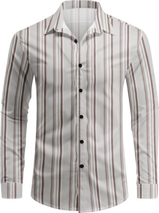 AlltheMen Mens Casual Striped Shirts Long Sleeve Button Down Printed Stylish Shirt Wedding Party Khaki L