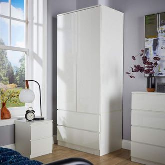 Home Source Industries Home Source - White 2 Door 2 Drawer Wardrobe Bedroom Storage Cabinet Modern Furniture Unit