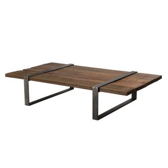 Macabane Mesa de centro de madera maciza marr&oacute;n y metal gris antracita 161 cm
