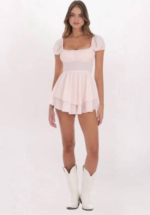 Lucy in the Sky Puff Sleeve Flutter Romper In Pink