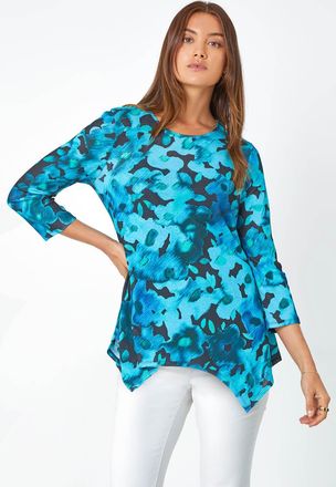 Roman Floral Print Mesh Hanky Hem Top