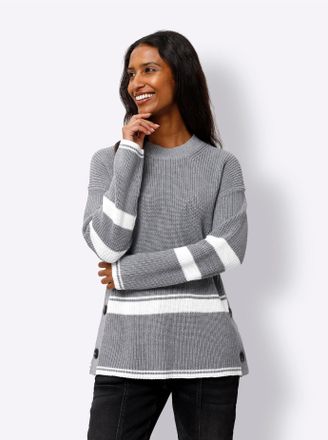 Heine Strickpullover HEINE Pullover, Damen, Gr. 46, grau (grau, meliert), 100% Baumwolle, gemustert, gestreift, mehrfarbig, Pullover Strickpullover