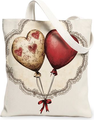 Generic Vintage Romantic Canvas Tote Bag, Heart Balloons Design Reusable Grocery Bag, Lightweight Washable Shoulder Strap Canvas for Travel Beach Picnic 13x15
