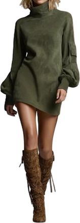 Generic Womens Vintage Loose Suede Turtleneck Mini Dress - Velvet Fringe Bell Sleeve Shift Dress, Retro Style Faux Suede Dresses (Green,XL)