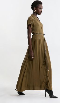 Karen Millen Womens Tall Pleated Woven Viscose Maxi Shirt Dress - Khaki - Size 6 UK